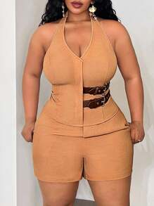 Slaydiva Veslaya Plus Size Women Halter Neck Low-Cut Vest & Shorts 2pcs Suit,Black And White,Summer,Classy,Night Out Club Two Piece Matching Curvy Outfit Set - Khaki - View 11