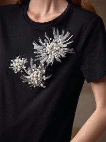 MOTF PREMIUM Camiseta com contraste de pérolas e lantejoulas