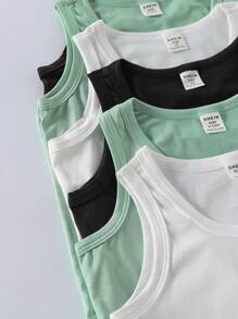 SHEIN Playful Pals 6 件装幼儿男童纯白色圆领休闲针织背心，面料柔软舒适，适合日常穿着、运动、度假 - 可搭配短裤，打造日常休闲造型，适合返校 - 彩色 - 查看 5