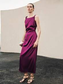 Uhlyne 女士休闲/派对/度假无袖葡萄紫色修身中长款紧身吊带连衣裙 - 中紫紅色 - 查看 4