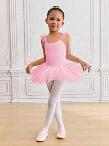 SHEIN 女童粉色无袖紧身芭蕾舞裙，蕾丝短袖芭蕾舞服 - 粉色 - 查看 5