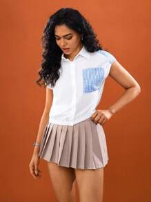 Hanevo Damen blaues und weißes ärmelloses elastisches Lässig Hemd