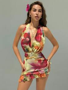 Aloruh Young Sexy Lady Music Festival Deep V-Neck Halter Backless Printed Mesh Mini Dress,Summer Dresses For Women - Multicolor - View 4