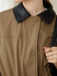 DAZY 女式轻便户外风衣外套，厚实拼色抽绳腰部休闲街头风格立领棉质外套，秋冬 - 棕色 - 查看 7