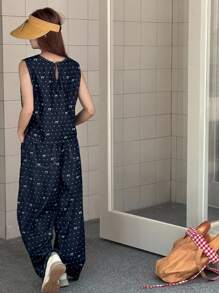 DAZY 少女波点蝴蝶结印花圆领无袖上衣和阔腿牛仔裤宽松套装