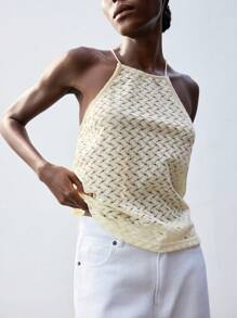 Maija Women's Cream White Summer Hollow-Out Crisscross Halter Knit Tank Top,Casual Vacation Bohemian Style,Loose Fit Sleeveless Versatile Holiday Clothing - Apricot - View 2