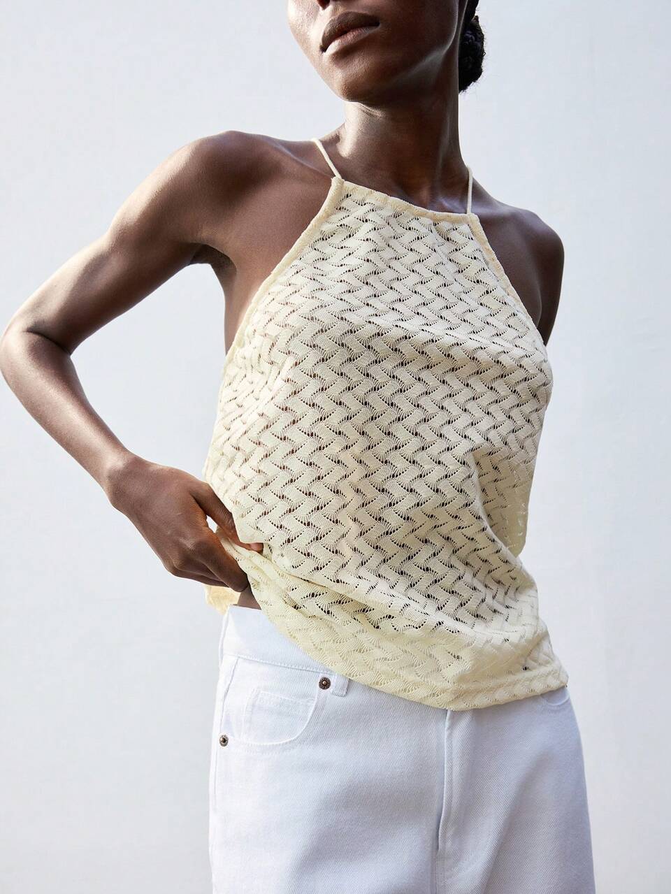 Women's Cream White Summer Hollow-Out Crisscross Halter Knit Tank Top,Casual Vacation Bohemian Style,Loose Fit Sleeveless Versatile Holiday Clothing