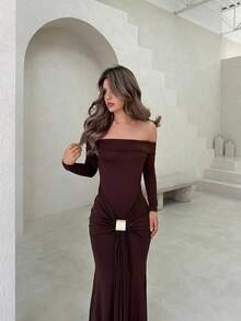 Jemour Off Shoulder Long Sleeve Maxi Dress Vacation Summer Spring Romantic Wedding Guest Graduation, Prom Holiday - Coffee - View 4