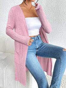 SHEIN Essnce Áo khoác cardigan dệt kim hở mặt trước, thanh lịch tối giản, hai túi dành cho nữ, áo khoác cardigan mùa hè dành cho nữ, trang phục mùa xuân dành cho nữ, áo khoác cardigan mỏng, áo khoác cardigan màu hồng, áo khoác cardigan nữ vào mùa thu/đông - Hồng - Xem 4