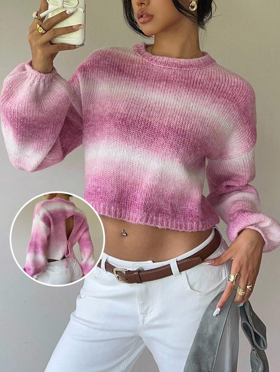 SHEIN EZwear Fall Women Clothes Oversized Gradient Drop Shoulder Short Pullover Cute Sweater, Autumn Back To School Y2k Street Wear - Pink - View 1