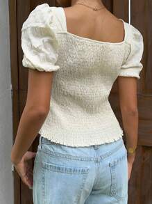 Sunnyshic 女士休闲衬衫，褶皱面料，褶皱设计，正面系蝴蝶结 - 杏色 - 查看 2