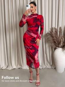 Lavishia Women's Mesh Printed Elastic Knit Dress - Multicolor - View 9