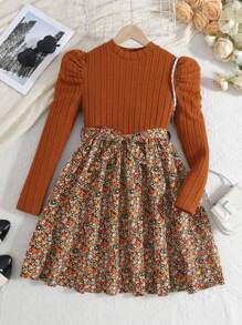 SHEIN Tween Girl Brown Color Boho Knitted Round Neck Long Sleeve Patchwork Ditsy Floral Dress, Suitable For Autumn Winter, Winter Dress For Holiday