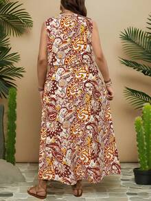 SHEIN LUNE 大码女式休闲腰果花印花系带无袖连衣裙 - 棕色 - 查看 2