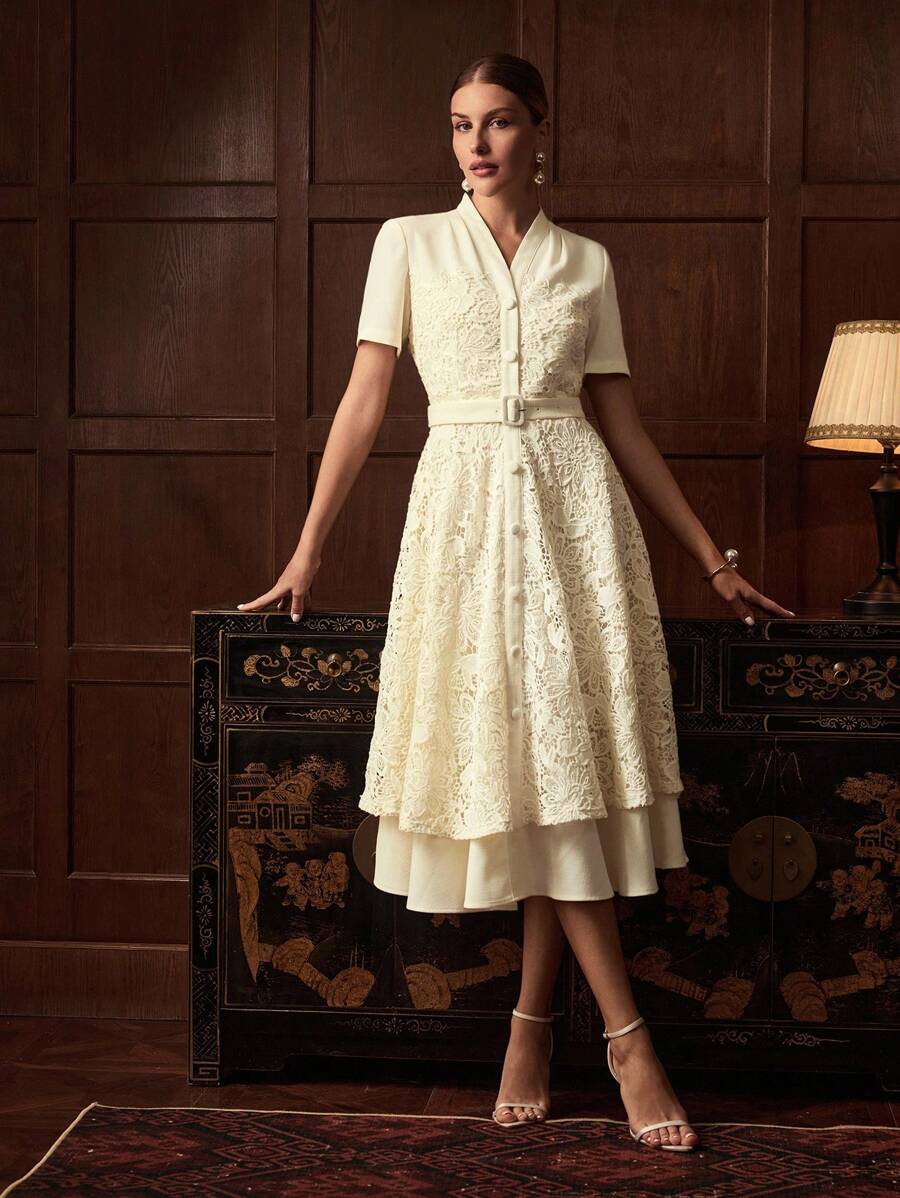 ZEYLAH 撞色蕾丝腰身收腰长袖优雅长裙，秋冬 - 杏色 - 查看 1