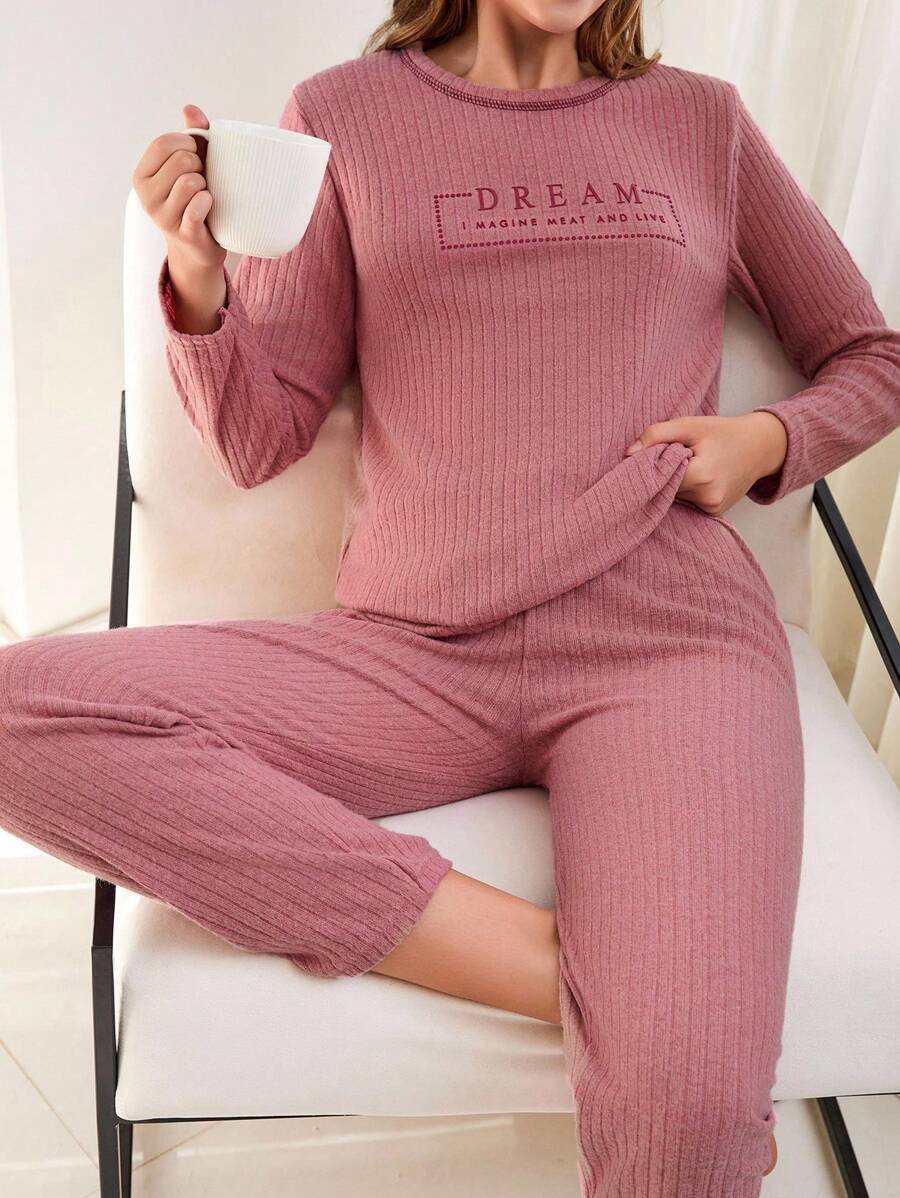 EURMUSE 100% Cotton 2Pcs  Injection Slogan Printed With Contrast Stitching Detail Lounge Set - Dusty Pink - View 1