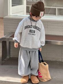 DAZY 幼儿男童羊毛卫衣套装，休闲宽松字母印花街头风格，秋季