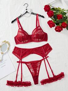 SHEIN Bộ Đồ Lót Ren Gợi Cảm Plus Size 5 Cái/Bộ (Có Nội Y, Thông, Sọc, 1 Cặp Nhẫn Chân) - Màu Đỏ Sâu - Xem 6