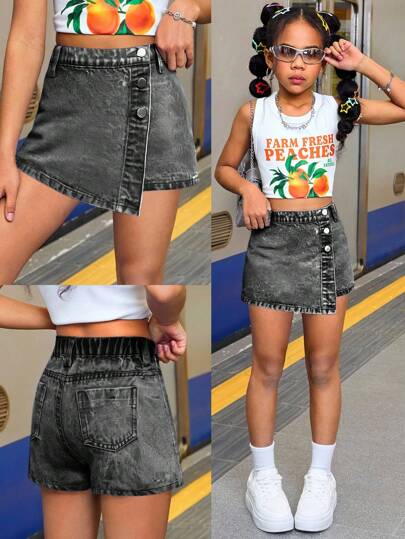 SHEIN 青少年女孩夏季 Y2K 休闲波西米亚风不对称纽扣牛仔短裙，适合女孩夏季服装度假和日常街头服饰