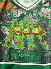 TEENAGE MUTANT NINJA TURTLES | SHEIN Tween Boy Cartoon Turtle Shell Numeral Print Grey-Green V-Neck Sweatshirt & Black Jogger Pants Sports Set - Army Green - View 3
