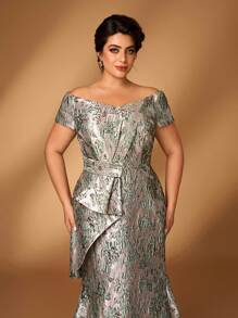 Serin Robe élégante et luxueuse grande taille en jacquard avec épaules dénudées, nœud papillon, fente et queue de poisson, convenant pour les mariages, événements, fêtes, lunes de miel, galas, mères de la mariée, l'été