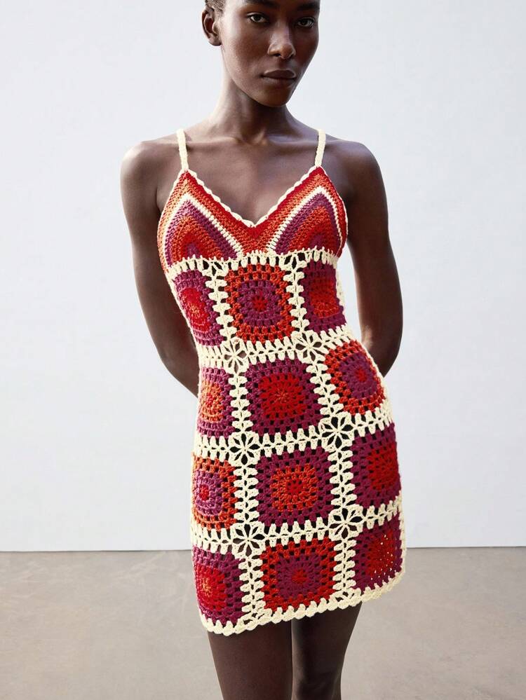 SHEIN Maija Women Plaid Print Spaghetti Strap Casual Sleeveless Sweater Dress,Crochet Maxi Dress