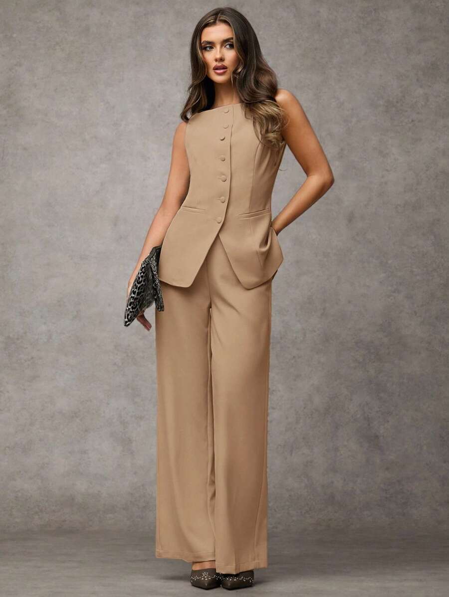 SHEIN BAE Women's Solid Color Round Neck Single-Breasted Vest And Pants Elegant Commuter Suit, Summer Fall Women Clothes Women Set Office Wear Business Casual Women Two Pieces Outfits Fall Women Office Wear Women Set Women Blazers Set