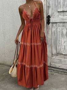 SHEIN EZwear Váy cổ yếm dệt Bohemian màu nâu gỉ sét dành cho nữ - Rỉ Nâu - Xem 5