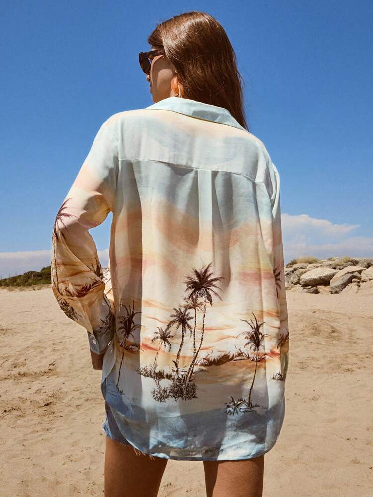 SHEIN Maija Women's Fall Multi-Color Island Print Casual Beach Vacation Loose Fit Comfortable Turndown Collar Front Button Long Sleeve Shirt, Versatile Bohemian Ibiza Vacation Style