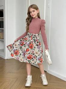 SHEIN Tween Girls Color Block Pink Floral Print Puff Sleeve Belted Dress - Pink - View 8