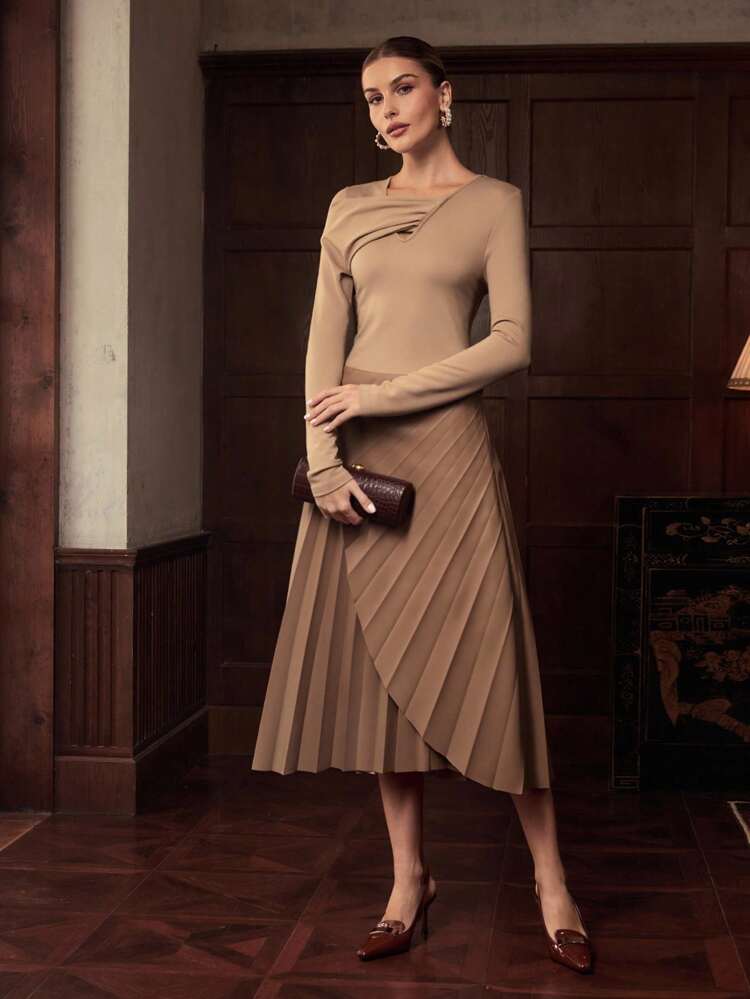 ZEYLAH Women's Asymmetrical Neck Ruffle Hem Cinched Waist Waist Dress, Autumn, No Belt Included