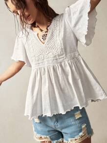 Bohemela 大码女式撞色蕾丝V领荷叶边短袖T恤