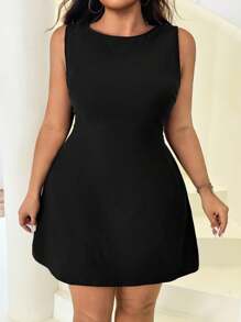 Solflare 大码黑色镂空圆领休闲无袖连衣裙 - 黑色 - 查看 2