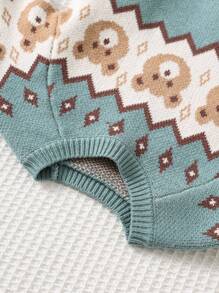 Cozy Pixies 男婴小熊几何图案圆领长袖套头毛衣，厚实柔软舒适休闲百搭 - 綠色 - 查看 5