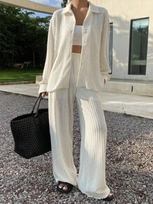 Livesso 2 pièces Ensemble de blouse décontractée et pantalon unicolore pour femmes, tissu texturé