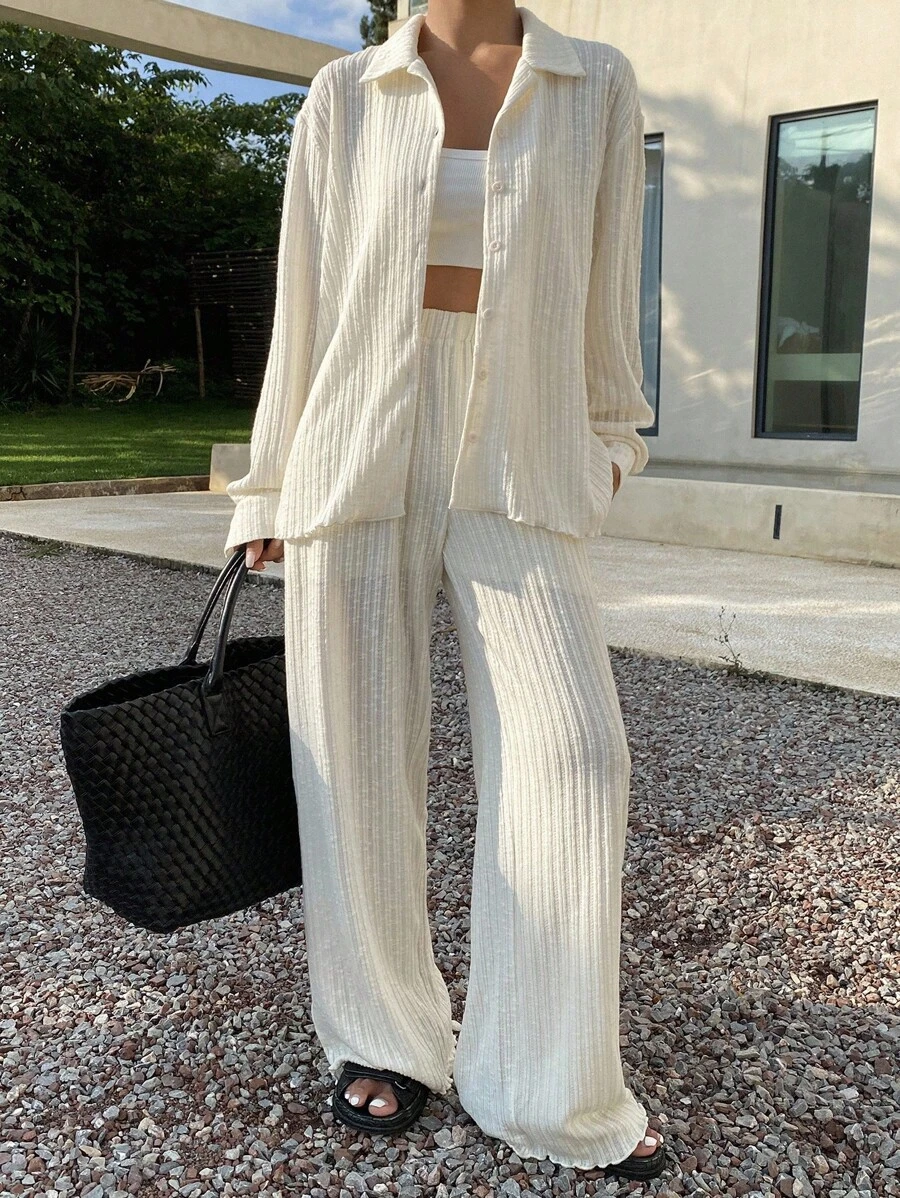 Livesso 2 pièces Ensemble de blouse décontractée et pantalon unicolore pour femmes, tissu texturé