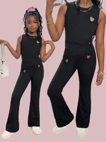 Tween Girl Black Summer It Girl Knitted Heart Cutout Sleeveless Cropped Top And Flared Pants Set,Casual Back To School Sweet Cool Bell Bottom Pants - Black - View 4