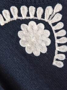 CosyJoli Plus Size Casual Embroidered Round Neck Sweater Cardigan In Fall/Winter - Navy Blue - View 4