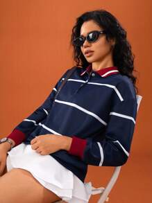 Hanevo Mulheres Esporte Casual Colorblock Listrado Impressão Ombro Caído Solto Gola Polo Moletom, Primavera/Outono Suéter