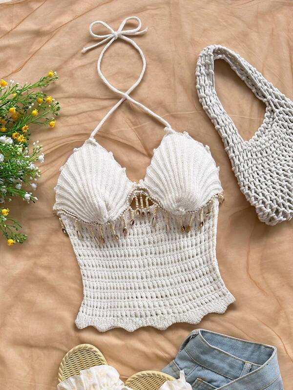 Soleia Vacation Women Crochet Halter Tie Crop Top, Suitable For Dates, Afternoon Tea, Beach, Cruise, City Trips, Weddings, Spring/Summer Holiday, Cruise, Island Getaways, Music Festivals, Boho Vacation