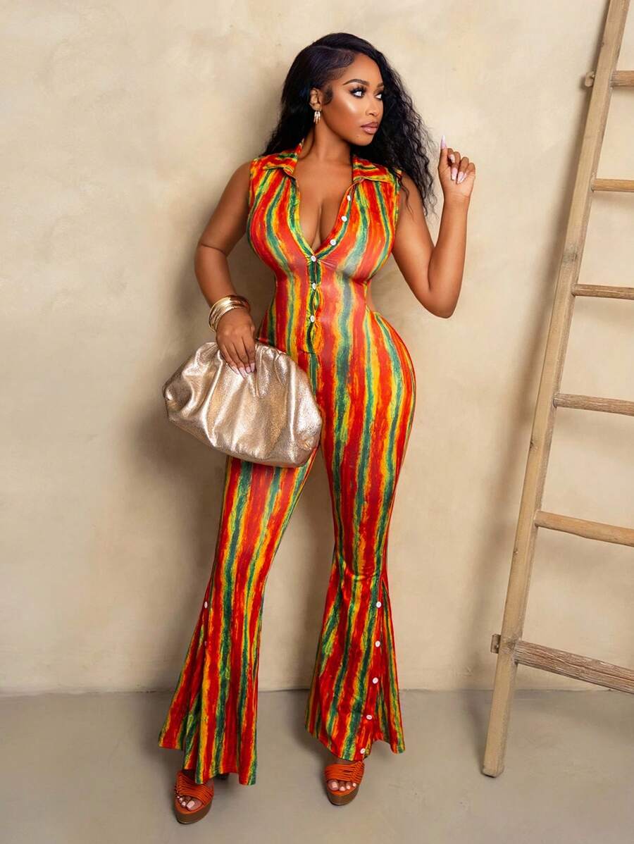 BamGleam Women Casual Color Block Front Button Sleeveless Jumpsuit, Summer Striped Design Streetwear SummerHoliday - Multicolor - View 1