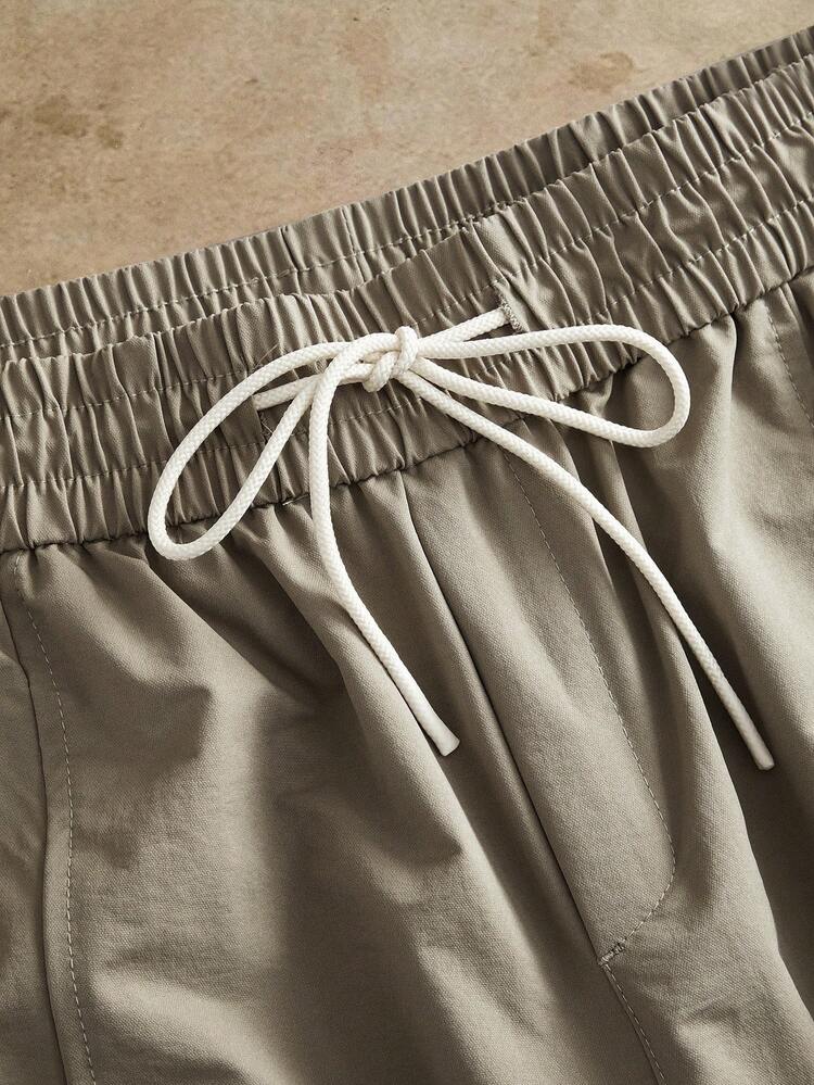 エレガントな夏用 ウエスト ドローストリング マルチポケット オリーブグリーン メンズショーツ