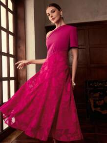 ZEYLAH Vestido largo de verano elegante para damas con cuello asimétrico, panel con aplicación de flor de jacquard y bajo acampanado - Rosa Fucsia - Ver 5