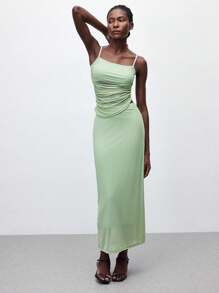 Maija 2025 年夏季新款 Salviae Green 性感网眼透视轻盈不对称剪裁吊带背心和松紧腰裙两件套，都市优雅浪漫办公室休闲时尚日常装扮，适合派对、海滩、音乐节、婚礼嘉宾、返校 - 軍綠色 - 查看 3