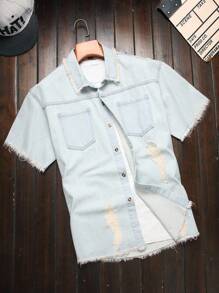 Manfinity Homme 男士休闲破洞宽松牛仔短袖衬衫，街头风格 - 淺色水洗藍 - 查看 1