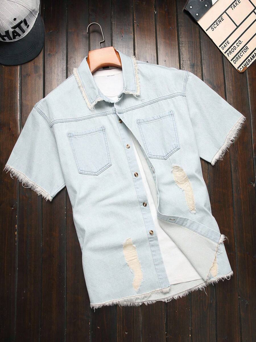 Manfinity Homme 男士休闲破洞宽松牛仔短袖衬衫，街头风格 - 淺色水洗藍 - 查看 1