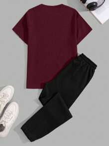 EURMUSE Men Letter Printed Waffle Fabric Regular T-Shirt & Pants Set - Burgundy - View 2