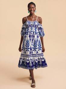 Travachic Vestido de manga larga con estampado de plantas tropicales, hombros descubiertos y mangas altas para mujeres, adecuado para vacaciones - Azul - Ver 4