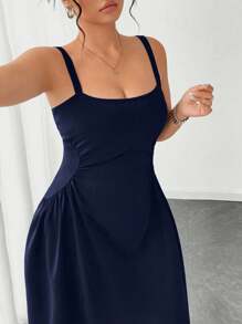 SHEIN Clasi Gaun Shift Elegan Tanpa Lengan Leher V Warna Polos untuk Wanita Ukuran Plus - Navy Blue - View 5