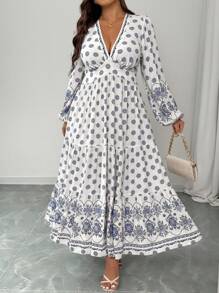 Elenzga Plus Size Women's Spring/Autumn Bohemian Floral Shirred A-Line Long Sleeve Maxi Dress, Elegant Casual Wear For Commute, Holiday, Afternoon Tea, Party - Multicolor - View 1